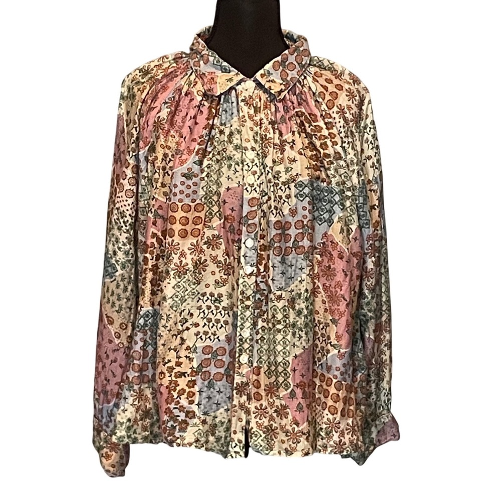 Roller Rabbit Primevere Adrianna Patchwork Floral Cotton Silk Boho Blouse Top M